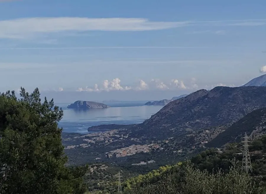 Mountain viewpoint overlooking Mirabello Bay and surrounding hills at Katsikantara