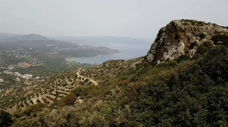 Panoramic view of Mirabello Bay from the top of Vrokastro hill during a hiking route