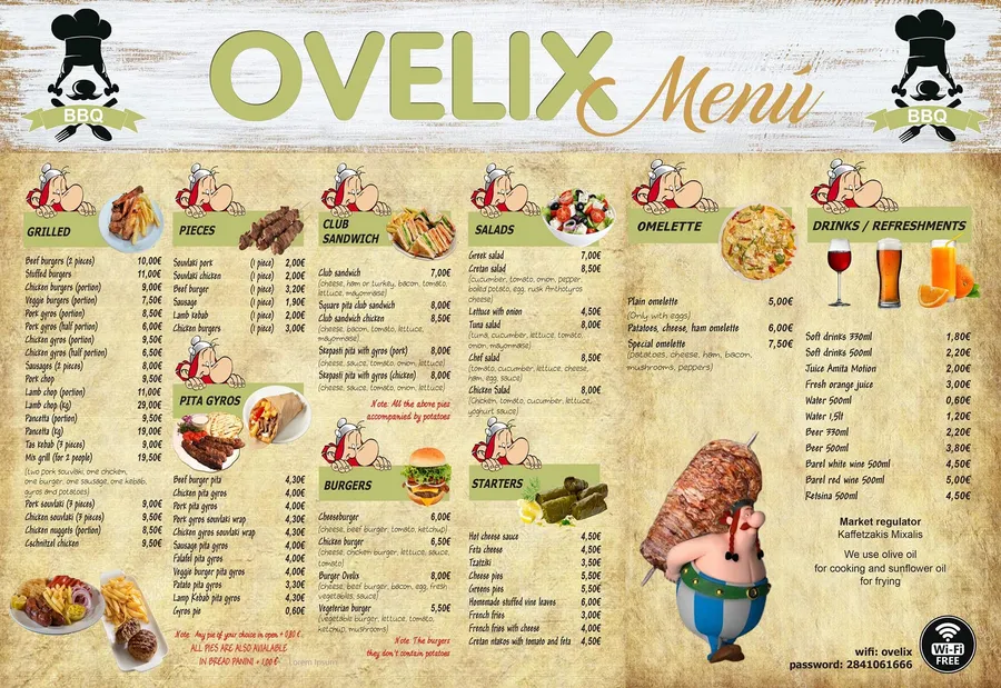 Menu board with gyros, souvlaki and sandwich options at Obelix grill
